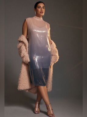 slim fit dress slacks Anthropologie Rose Gold Sequin Dress with Velvet Waist Belt and Tags  Attached (XL) main image 1